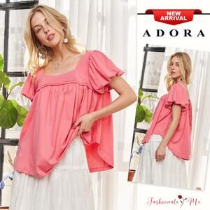 ADORA Princess Sleeves Tie Back Detail Square Neck Garment Washed Top | Rose